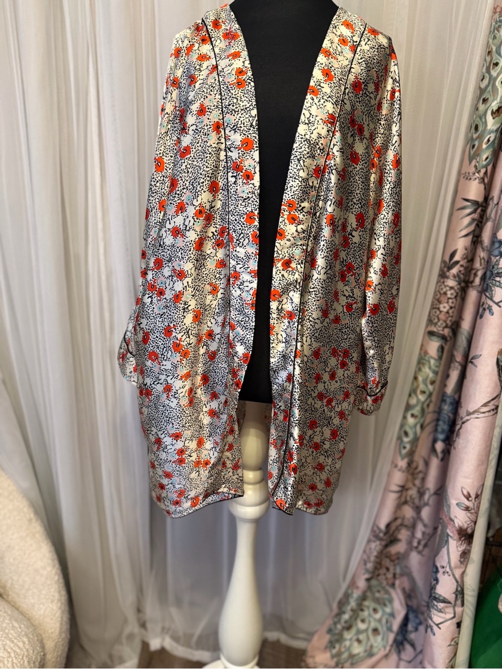 Topshop Satin Floral Kimono Robe Jacket Size 12 L Pajama Style Lounge Duster